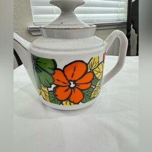 Floral Teapot with Orange and Green Design